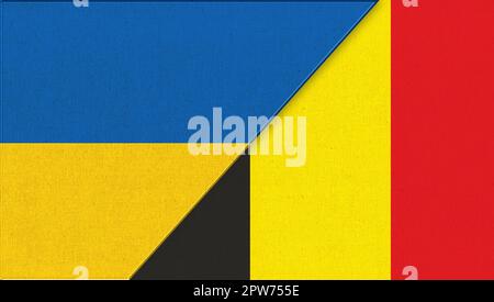 Drapeau de l'Ukraine et de la Belgique - 3D illustration. Deux drapeaux ensemble. Symboles nationaux de l'Ukraine et de la Belgique. Relations ukrainiennes et belges. Football Banque D'Images