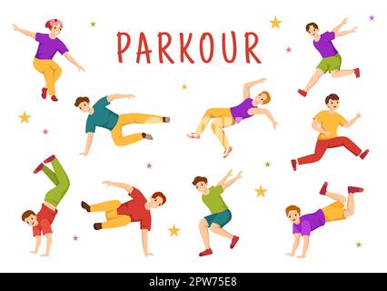 Parkour Sports avec des jeunes hommes qui sautent au-dessus des murs et des barrières dans les rues et les bâtiments de la ville dans un dessin-modèle de dessin animé à la main Banque D'Images