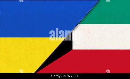 Drapeau de l'Ukraine et du Koweït - 3D illustration. Deux drapeaux ensemble. Symboles nationaux de l'Ukraine et du Koweït. Drapeaux des pays d'Europe et d'Asie en fab Banque D'Images