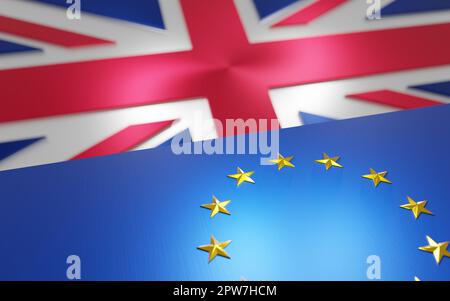Brexit. Drapeau de l'Union européenne devant celui du Royaume-Uni. Conception géométrique métallique. Rendu 3D numérique. Banque D'Images