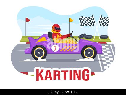 Karting Sport avec jeu de course Go Kart ou Mini car sur piste de petit circuit en dessin animé à la main dessin animé à plat Illustration du modèle Banque D'Images