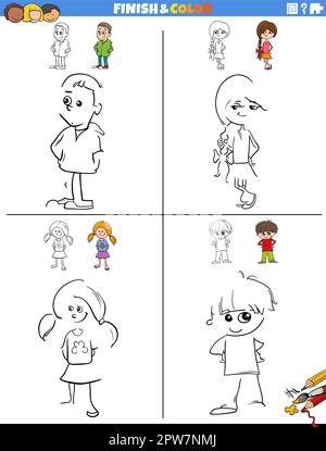 les feuilles de travail de dessin et de coloriage sont mises en place avec des enfants de Illustration de Vecteur