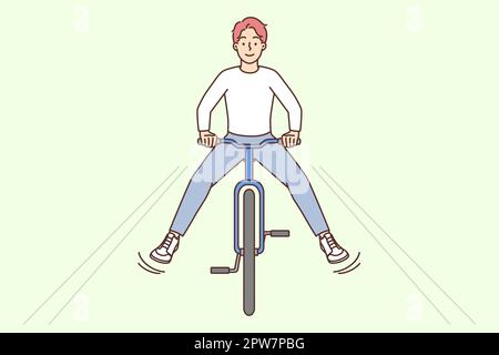 Un jeune homme plein de joie à faire du vélo en plein air. Un homme souriant s'amuse à faire une balade à vélo dans la rue. Activités le week-end à l'extérieur. Illustration vectorielle. Banque D'Images