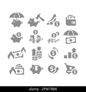 Jeu d'icônes de vecteur de crise financière, d'inflation et d'argent Illustration de Vecteur