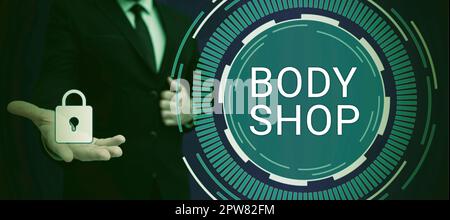 Écriture affichant le texte Body Shop, Word pour un atelier où les carrosseries automobiles sont fabriquées ou réparées Banque D'Images