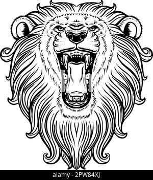 Tête de lion noire et blanche rugissante Illustration de Vecteur