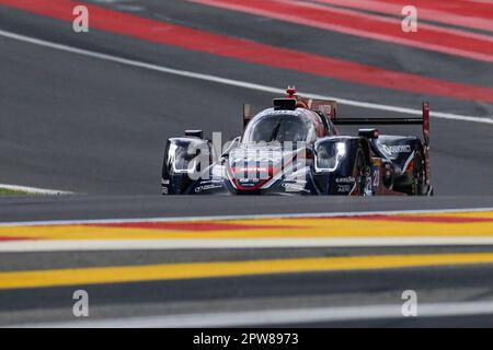 Stavelot, Belgique. 28th avril 2023. Tom Blomqvist, pilote britannique d'United Autoports, pilote la voiture de course Oreca 07 - Gibson pendant la course de qualification de la catégorie LMP2 pour les 6 heures de Spa-Francorchamps, troisième manche du Championnat mondial d'endurance (WEC) 2023 de la FIA au circuit de Spa-Francorchamps à Stavelot, Belgique, 28 avril 2023. Credit: Zheng Huansong/Xinhua/Alay Live News Banque D'Images