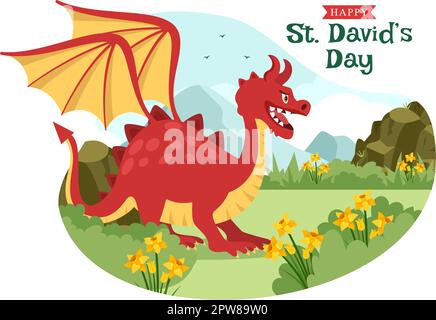 Bonne Saint-David sur l'illustration 1 mars avec Dragons gallois et jonquilles jaunes pour la page d'arrivée dans des modèles dessinés à la main de dessin animé à plat Illustration de Vecteur