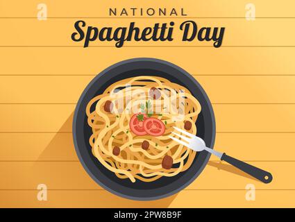 Journée nationale des spaghettis le 4th janvier avec une assiette de nouilles ou de pâtes italiennes différents plats en dessin à la main de dessin de dessin animé Illustration de Vecteur