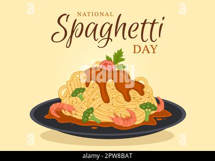 Journée nationale des spaghettis le 4th janvier avec une assiette de nouilles ou de pâtes italiennes différents plats en dessin à la main de dessin de dessin animé Illustration de Vecteur