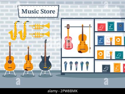 Music Store avec divers instruments de musique, CD, cassettes et enregistrements audio dans un dessin à la main de style plat dessin de dessin de dessin animé Illustration Illustration de Vecteur