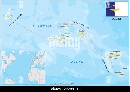 Carte vectorielle de l'archipel portugais Açores dans l'océan Atlantique, Portugal Illustration de Vecteur