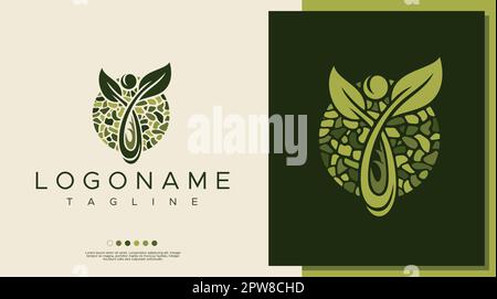Modèle de conception abstrait de logo de feuille humaine. Vecteur de marque de luxe avec logo humain à base de plantes. Illustration de Vecteur