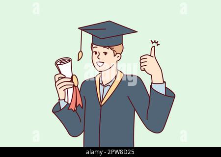 Diplômé gars en robe et chapeau d'université tient paquet avec le diplôme et montre les pouces vers le haut Illustration de Vecteur