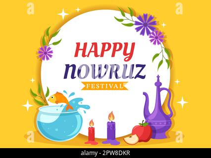 Happy Nowruz Day ou illustration iranienne du nouvel an avec Grass Semeni et Fish for Web Banner ou Landing page dans Flat Cartoon modèles dessinés à la main Illustration de Vecteur