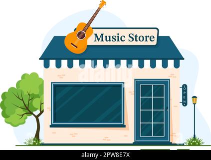 Music Store avec divers instruments de musique, CD, cassettes et enregistrements audio dans un dessin à la main de style plat dessin de dessin de dessin animé Illustration Illustration de Vecteur