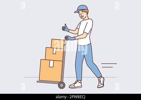 L'employé de l'entrepôt porte un chariot de chargement avec des boîtes en carton et montre les pouces vers le haut Illustration de Vecteur