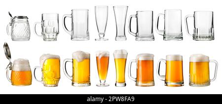 Collection vide de verres à bière et de mugs isolée sur fond blanc Banque D'Images