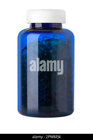 Capsules de supplément diététique d'huile de poisson dans un emballage en bouteille de verre bleu isolé sur fond blanc avec un chemin de coupure Banque D'Images