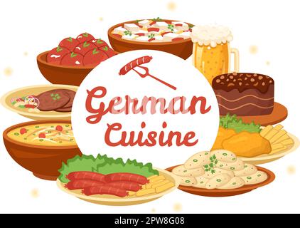 Restaurant de cuisine allemande avec collection de cuisine délicieuse traditionnelle et boissons en Flat Cartoon dessin à la main Illustration Illustration de Vecteur