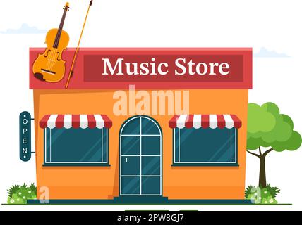 Music Store avec divers instruments de musique, CD, cassettes et enregistrements audio dans un dessin à la main de style plat dessin de dessin de dessin animé Illustration Illustration de Vecteur