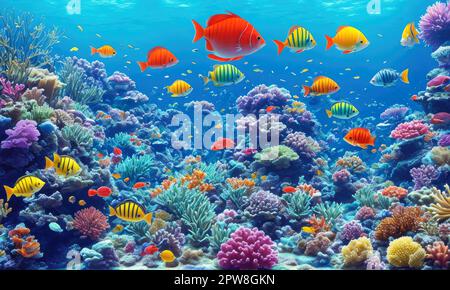 Monde sous-marin. Récif de corail et poissons. Arrière-plan de récif de corail sous-marin. Poissons sous-marins tropicaux sur le récif de corail. Aquarium océanographie faune. Banque D'Images