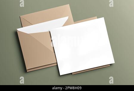 Modèle de maquette d'enveloppe, carte blanche vierge avec maquette de modèle d'enveloppe en papier kraft brun. Modèle d'entreprise de maquette Banque D'Images