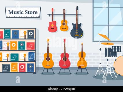 Music Store avec divers instruments de musique, CD, cassettes et enregistrements audio dans un dessin à la main de style plat dessin de dessin de dessin animé Illustration Illustration de Vecteur