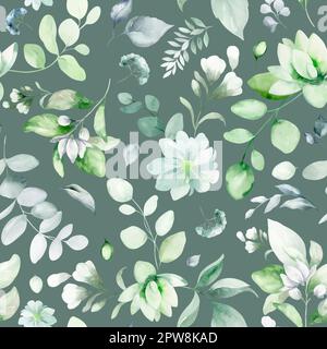 motif fleuri aquarelle sans couture avec fleurs, feuilles, branches roses de jardin. Carreaux botaniques, arrière-plan. eucalyptus, pivoine, rose. Banque D'Images