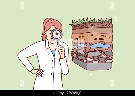 Une écologiste de fille avec loupe effectue un examen de la pollution du sol Illustration de Vecteur