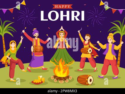 Happy Lohri Festival of Punjab India Illustration avec jouer de la danse et de la célébration Bonfire en Flat Cartoon dessiné à la main pour Landing page Templates Illustration de Vecteur