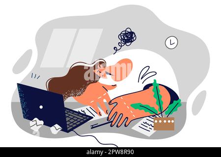 Femme non motivée pigiste posant la tête sur la table souffrant de frustration due à une mauvaise gestion Illustration de Vecteur