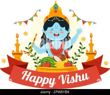 Happy Vishu Festival Illustration avec Kérala Kani traditionnel, fruits et légumes pour la page d'arrivée en dessin à la main de dessin à plat de dessin animé Illustration de Vecteur