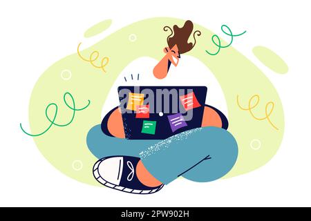 L'étudiant est assis à pieds croisés avec un ordinateur portable sur les genoux et sourit en tapant la thèse de texte pour l'admission à l'université Illustration de Vecteur