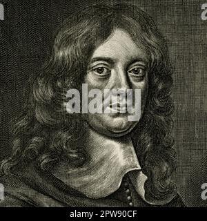 Abraham Cowley (1618-1667), poète cavalier anglais, espion Royaliste, secrétaire de la reine Henrietta Maria et cofondateur de la Royal Society. Détail carré de la gravure de l'antiquaire et graveur anglais, William Faithorne l'ancien (1616-1691), après un portrait original de Mary Beale (1632-1697) ou Sir Peter Lely (1618-1680). Cette gravure a été publiée pour la première fois en 1687. Banque D'Images