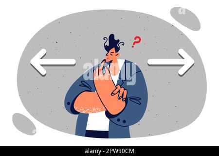 Homme réfléchi près de deux flèches pointant dans des directions différentes, symbolisant le besoin de faire le choix Illustration de Vecteur