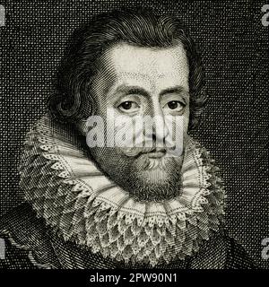 Roi Jacques Ier d'Angleterre et VI d'Écosse (1566-1625), premier roi Stuart d'Angleterre. Il commanda la traduction de la Bible en anglais, « King James », publiée en 1611. Détail carré de la gravure sur cuivre de Robert White (1645-1703), publié pour la première fois à la fin des années 1600 ou au début des années 1700 Banque D'Images