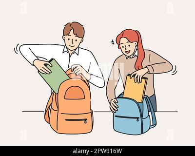 Les élèves souriants rembalent des sacs à dos à l'école Illustration de Vecteur