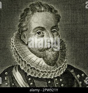 Roi Jacques Ier d'Angleterre et VI d'Écosse (1566-1625). Il commanda la traduction de la Bible en anglais, « King James », publiée en 1611. Détail carré de la gravure du graveur flamand Michael van der Gucht (1660-1725), publiée pour la première fois au début des années 1700 Banque D'Images