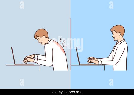 Un homme avec un ordinateur portable ressent des douleurs dans le dos et une mauvaise posture sur le lieu de travail Illustration de Vecteur