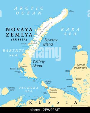 Novaya Zemlya, archipel dans le nord de la Russie, carte politique Illustration de Vecteur