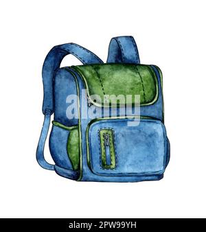 Illustration aquarelle d'un sac scolaire bleu-vert pour garçons et filles. Retour à l'école. Fournitures scolaires. Isolé sur fond blanc. Dessiné à la main. Banque D'Images