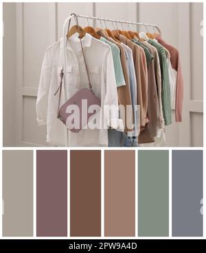 Palette de couleurs adaptée à la photo des vêtements élégants pour femmes sur le rack dans la chambre Banque D'Images