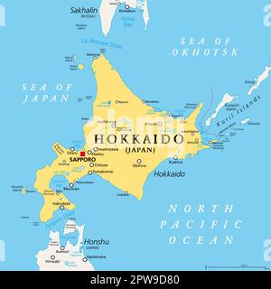 Hokkaido, deuxième plus grande île du Japon, carte politique Illustration de Vecteur