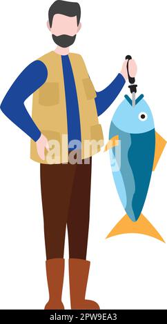 Illustration de la tenue de gros poissons de pêcheur avec style de dessin animé Illustration de Vecteur