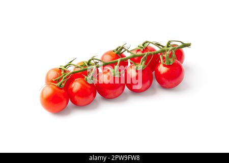 Tomates cerises biologiques mûres sur une branche, isolées sur fond blanc. Banque D'Images