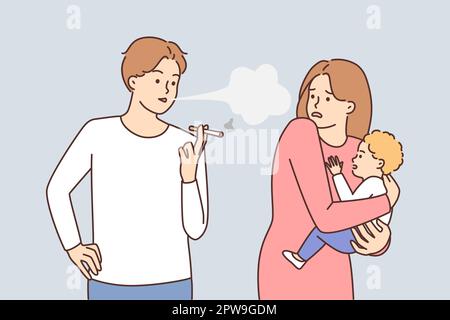 Homme imprudent fumant des cigarettes debout à côté d'une femme avec un bébé dans les bras Illustration de Vecteur