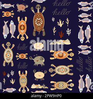 motif sans couture sans arrière-plan avec poissons, crabes et tortues colorés Illustration de Vecteur