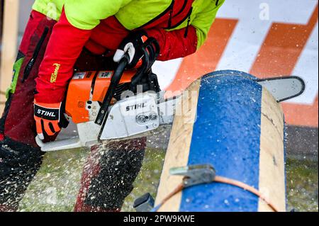 Eisleben, Allemagne. 29th avril 2023. Un participant scie un tronc d'arbre avec une tronçonneuse. Au Championnat Mansfeld Woodcoutting 12th à Eisleben (quartier Mansfeld-Südharz), de vrais champions ont participé samedi. Au total, les participants se disputent dans cinq disciplines.en. Credit: Heiko Rebsch/dpa/Alay Live News Banque D'Images
