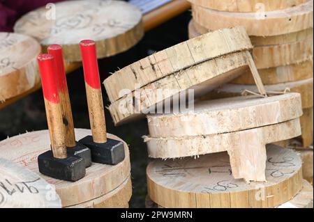 Eisleben, Allemagne. 29th avril 2023. Outils et tranches d'arbre à l'extrémité de la zone de compétition. Aux Championnats Mansfeld Lumberjack 12th, 50 participants de toute l'Allemagne concourent dans un large éventail de disciplines. Credit: Heiko Rebsch/dpa/Alay Live News Banque D'Images